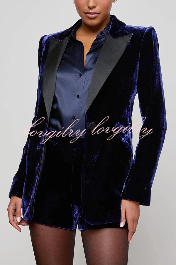Bold Modern Velvet Contrast Satin Lapel Blazer and High Rise Pocket Shorts Set
