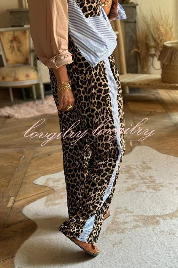 Leopard Print Patchwork Long-sleeved Loose Shirt and Elastic Waist Casual Pocket Wide-leg Pants Set