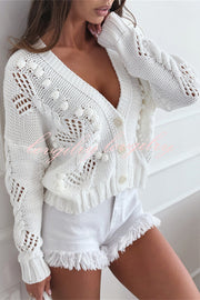 Fashion Hollow Long Sleeve V-neck Button Loose Knitted Cardigan