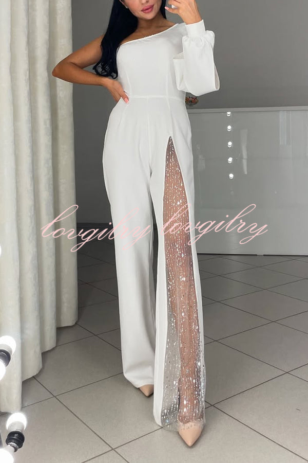 Fashionable Oblique Shoulder One-sleeve Sexy High Slit Slim Jumpsuit