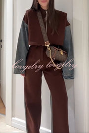 Sports Fashion Denim Patchwork Sweatshirt Fabric High Rise Pocket Loose Pants