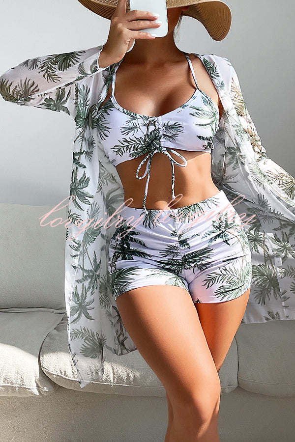 Unique Printed Paneled Lace Up Pleated Three Pieces Swimsuit Set