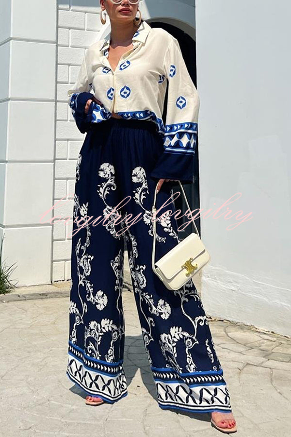 Unique Printed Lapel Long-sleeved Loose Top and Elastic Waist Casual Wide-leg Pants Set