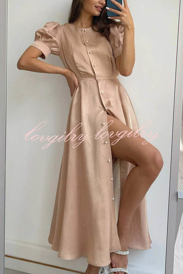 Chic and Classy Vibe Puff Sleeve Pearl Button Slit Midi Dress