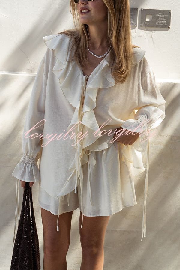 Solid Ruffled Lace-up Casual Top and Elastic Waisted Loose Pocket Shorts Set