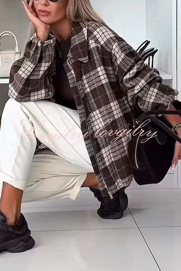 Fashion Plaid Print Lapel Long Sleeve Loose Zipper Jacket
