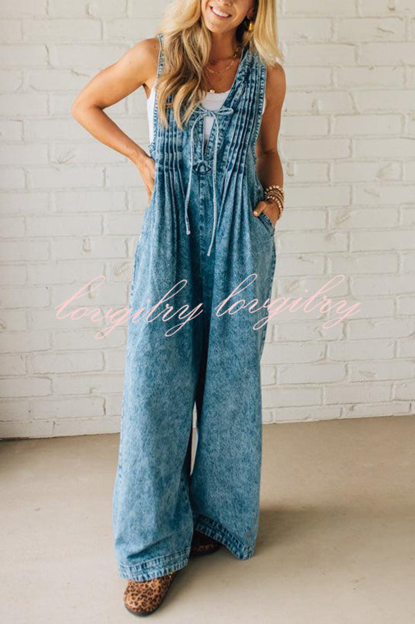 Fashionable and Casual Sleeveless V-neck Lace-up Loose Pocket Jumpsuit