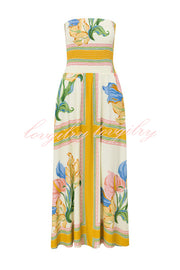 Linen Blend Unique Print Off-The-Shoulder Pleated Resort Maxi Dress