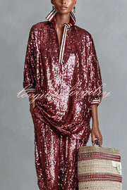 Holiday Honey Sequin Striped Trim Half Sleeve Loose Shirt and Elastic Waist Pocket Wide Leg Pants Set