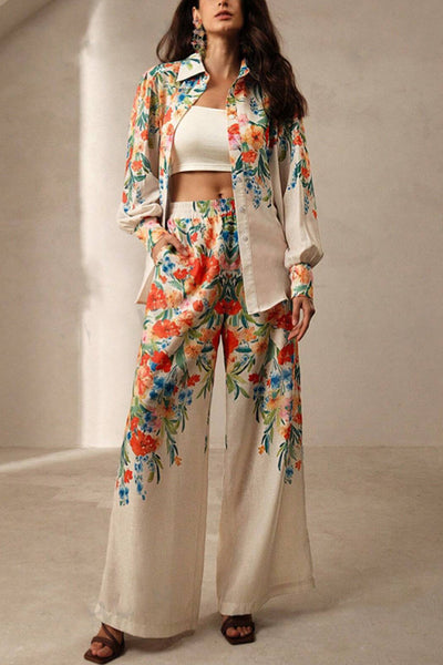 Floral Print Lapel Long Sleeve Shirt and Elastic Waist Pocket Casual Wide Leg Pants Set