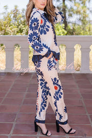 Unique Printed Lapel Long-sleeved Loose Shirt and Casual Pocket Wide-leg Pants Set