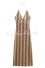 Playful Colorful Knit Holiday Style Halter Neck Maxi Dress