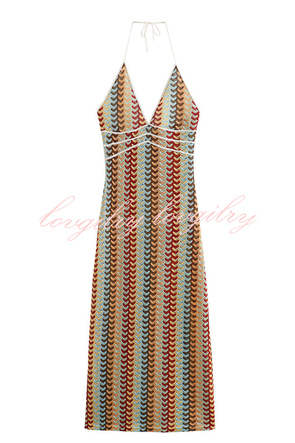 Playful Colorful Knit Holiday Style Halter Neck Maxi Dress