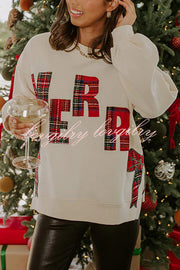 Merry Plaid Embroidered Bow Long-Sleeve Loose Sweatshirt