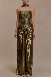 Clemence Plisse Metallic Fabric Reverse Halter Beck Strap Drape Slit Maxi Dress