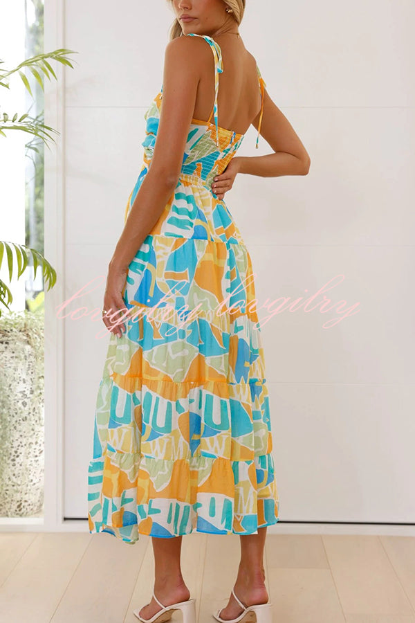 Unique Printed Suspender Tie Back Pleated Midi Dress