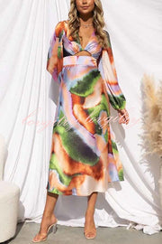 Own The Evening Satin Neon Print Cutout Midi Dress