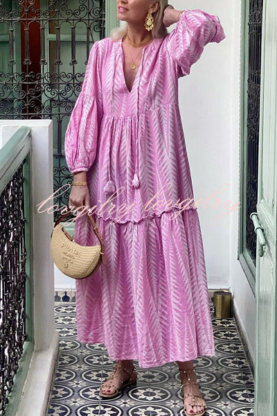 Marrakech Stories Linen Blend Printed Balloon Sleeve Pocketed A-line Midi Dress