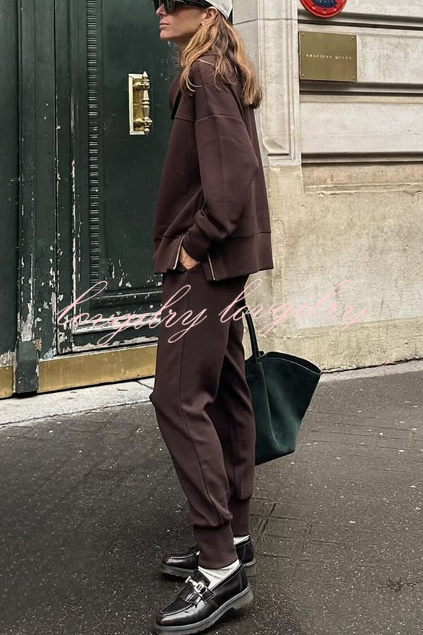 Afternoon Tea Time Turtleneck Side Zipper Sweatshirt and Elastic Waist Pocketed Loose Jogger Set