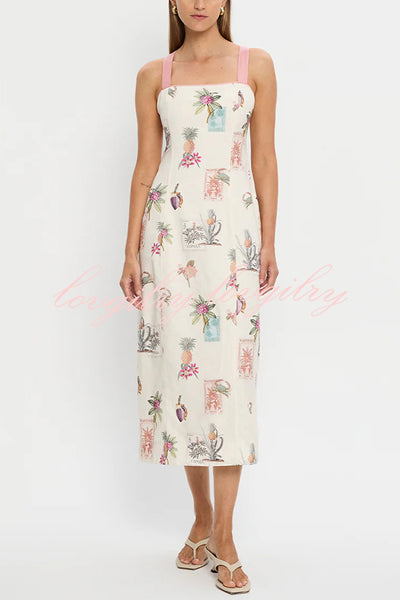 Plant Print Sleeveless Square Neck Open Back Tie Casual Midi Dress