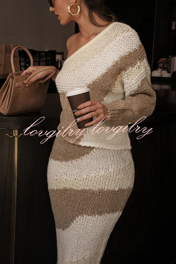 Soft Autumn Knit Colorblock One Shoulder Sleeve Ribbed Trim Loose Sweater
