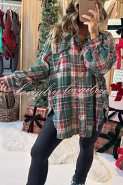 Christmas Morning Plaid Button Down Long Sleeve Pocket Loose Blouse