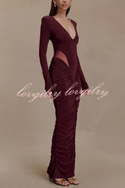 Sexy See-through Long-sleeved V-neck Pleated Slim-fit Maxi Dress