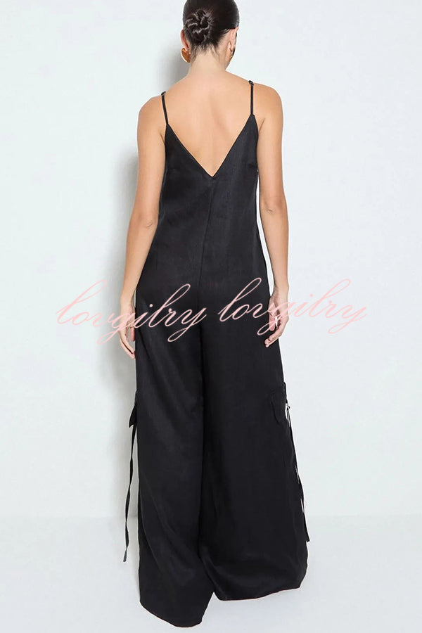 Zola Center Front Zipper Pocketed Wide Leg Loose Cargo Slip Jumpsuit