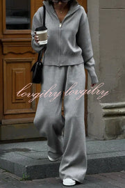 Effortlessly Stylish Ribbed Zipper High Neck Sweatshirt and Elastic Waist Pocketed Loose Pants Set