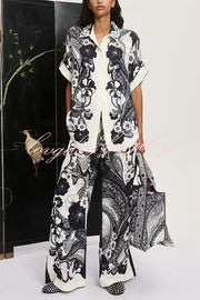 Linen Blend Lapel Short Sleeve Loose Top and Elastic Waist Casual Pocket Wide Leg Pants Set