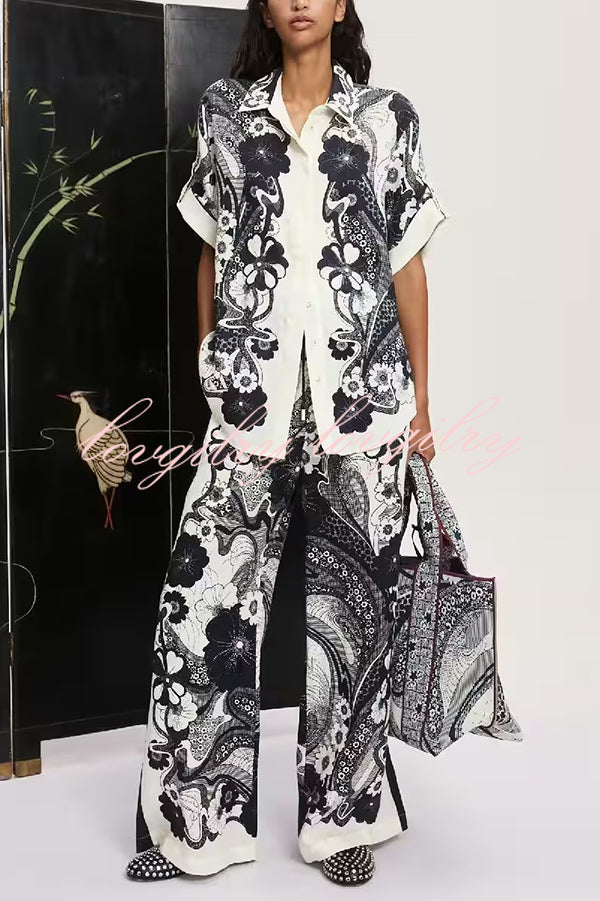 Linen Blend Lapel Short Sleeve Loose Top and Elastic Waist Casual Pocket Wide Leg Pants Set