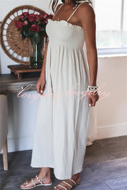 Elegant Solid Color High Waist Linen Blend Suspender Pleated Jumpsuit