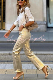 Infinite Ideas Retro Metallic Fabric High Waist Pocketed Straight Pants