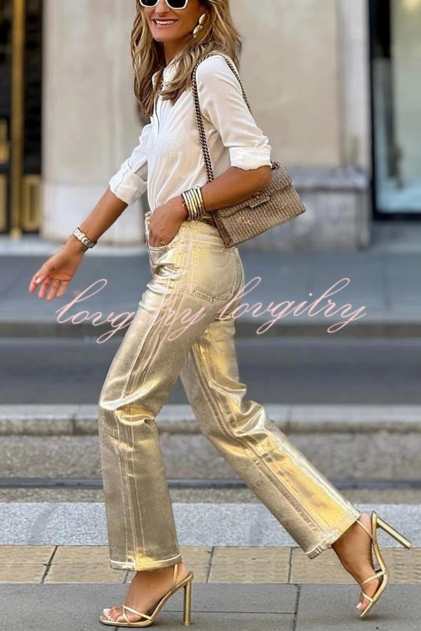 Infinite Ideas Retro Metallic Fabric High Waist Pocketed Straight Pants