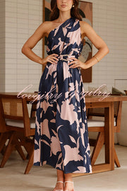 Unique Print Sleeveless One Shoulder Belted Maxi Dress