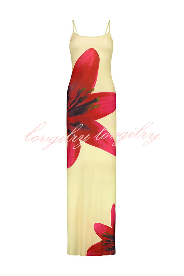 Lily Flower Print Slip Stretch Maxi Dress