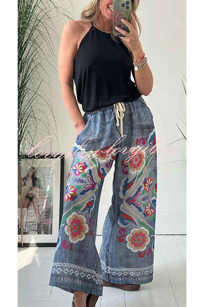 Hippie Style Unique Floral Denim Print Elastic Waist Pocket Wide Leg Pants