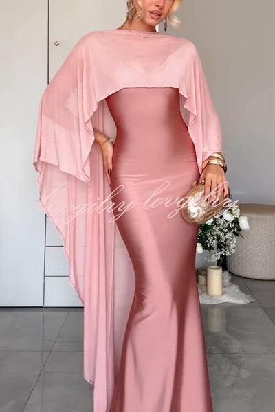 Party Charm Satin Sheer Chiffon High Low Cape Slip Maxi Dress