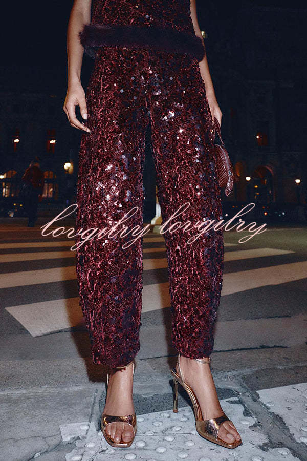 Gala Goddess Sequin High Rise Zipper Waist Wide Leg Pants