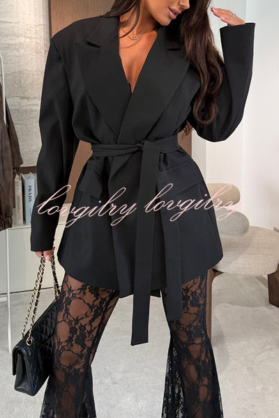 Chic Moment Lapel Long Sleeve Belt Pocketed Oversized Blazer