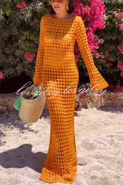 Sunny Beachside Crochet Knit Hollow Out Long Sleeve Cover-up Maxi Dress