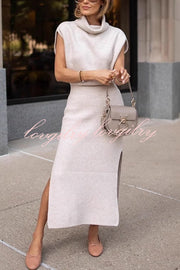 Solid Color Sleeveless Knitted Elegant Waist Midi Dress