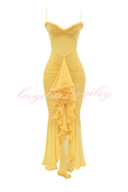 Retro Romantic Style Mesh Ruffle Trim Ruched Slit High Low Maxi Dress