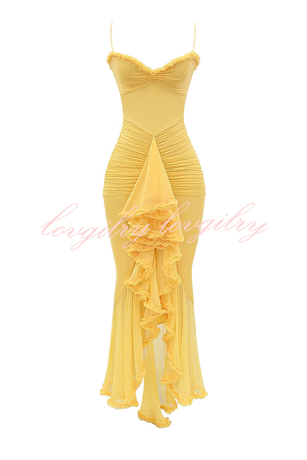 Retro Romantic Style Mesh Ruffle Trim Ruched Slit High Low Maxi Dress