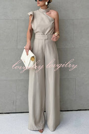 Fashionable One-shoulder Ruffled Top and Casual Simple Straight-leg Suit Pants Set