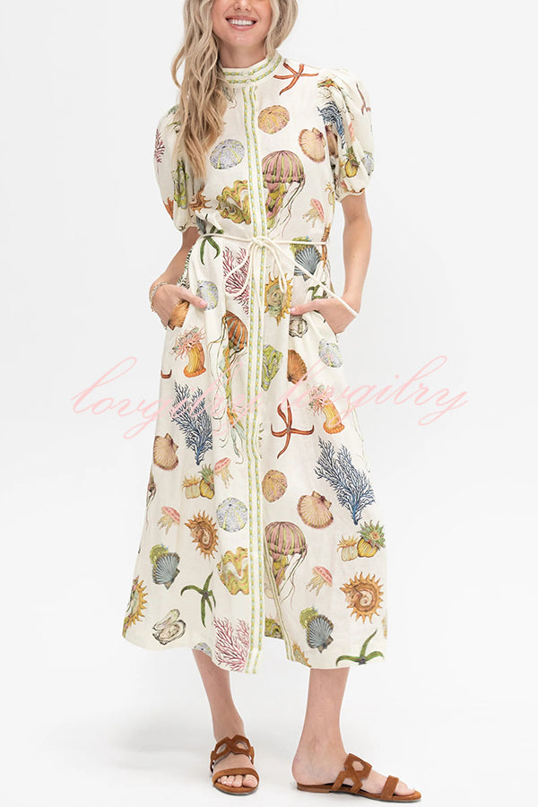 Beach Shell Print Puff Sleeve Tie-Waist Casual Midi Dress