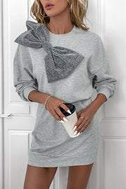 Solid Color Shiny Bow Casual Long Sleeve Sweatshirt Mini Dress