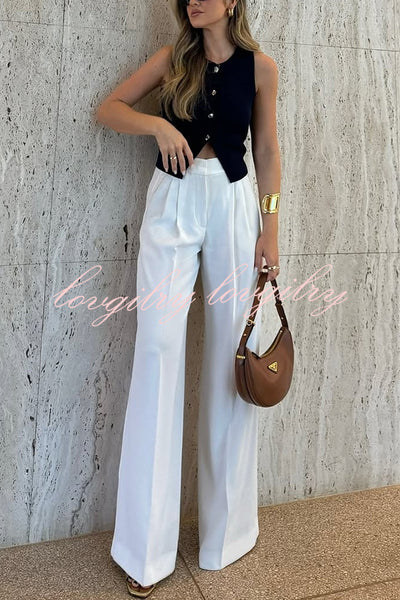 Solid Color Waist Pocket Loose Wide Leg Pants