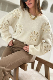 Fashionable Sequined Floral Loose Long-sleeved Knit Sweater