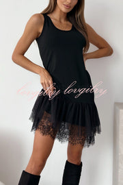 Breezy City Tulle Lace Tiered Hem Stretch Tank Mini Dress